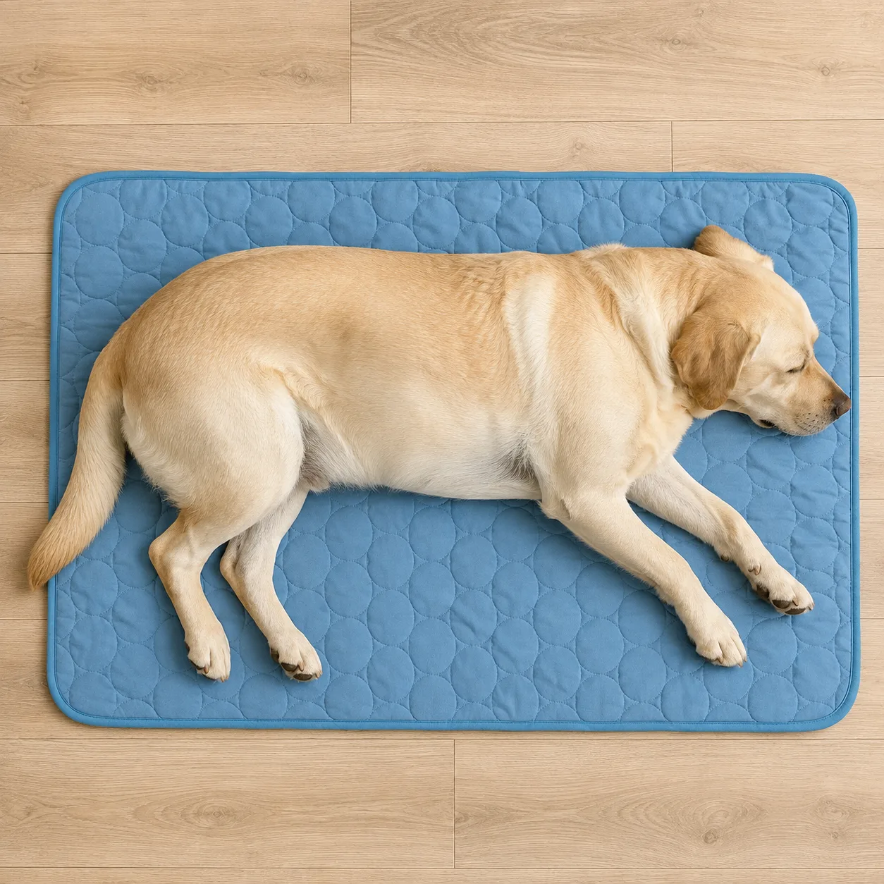 Labrador widziany z góry na macie chłodzącej, ciało zajmuje prawie całą powierzchnię