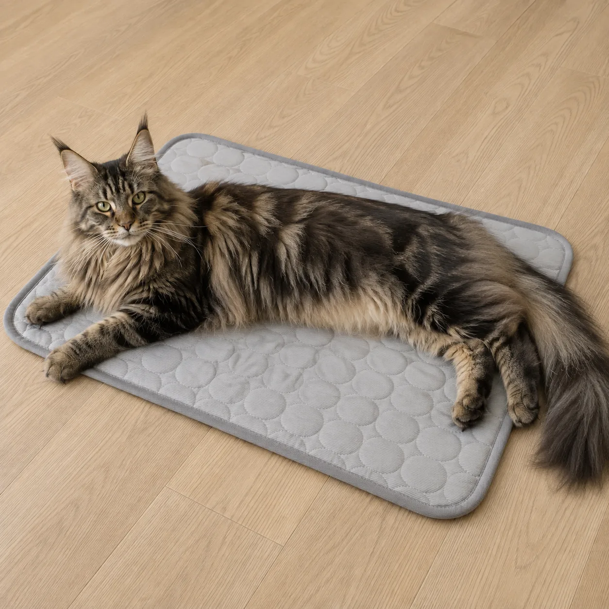 Maine coon wyciągnięty na szarej macie chłodzącej Frimouf, ogon i tylne łapy poza krawędzią