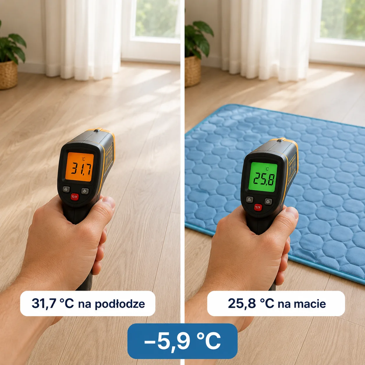 Termometr na podczerwień na gołej podłodze i na macie chłodzącej Frimouf Ice, w tym samym pomieszczeniu